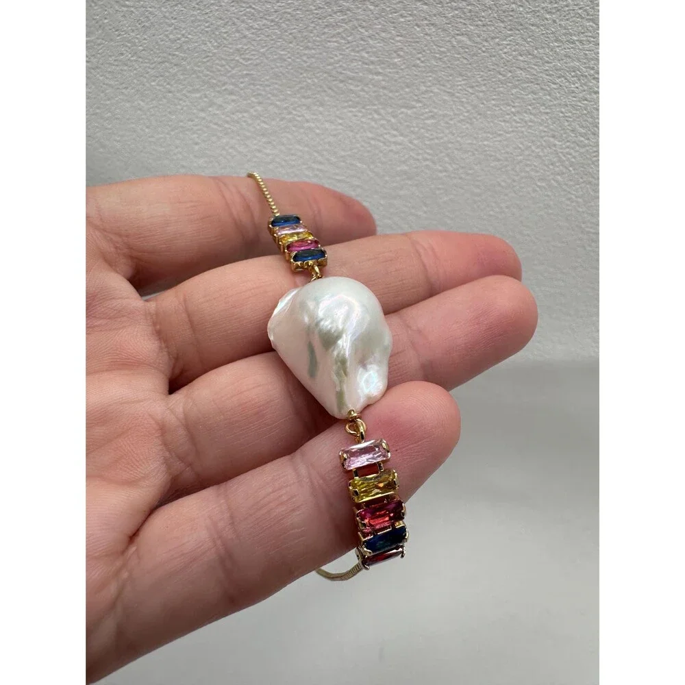 Adjustable White Baroque Pearl Bracelet With Chain and Rainbow Zircon